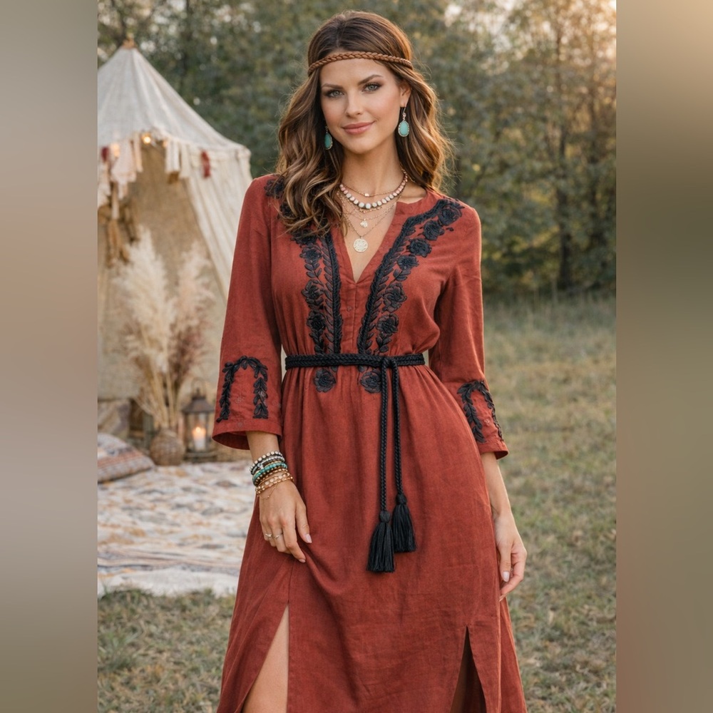 Boho Embroidered Dress Cotton Rust Black Floral Tassel Belt Medium